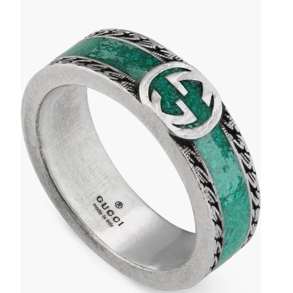 Gucci Silver Band Ring with Teal band accent and Double G - Picture 2 of 11